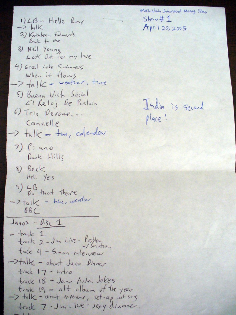 The hand-written, first playlist for our radio show.